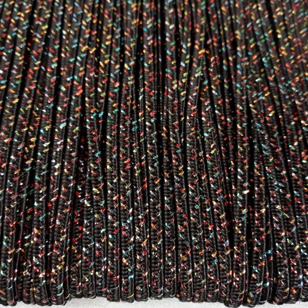 Cordoncini sotache rayon con filo metallizzato, nero e multicolore.